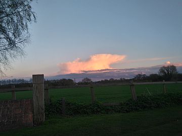 photo of towering cumulus cloud, underlit by setting sun